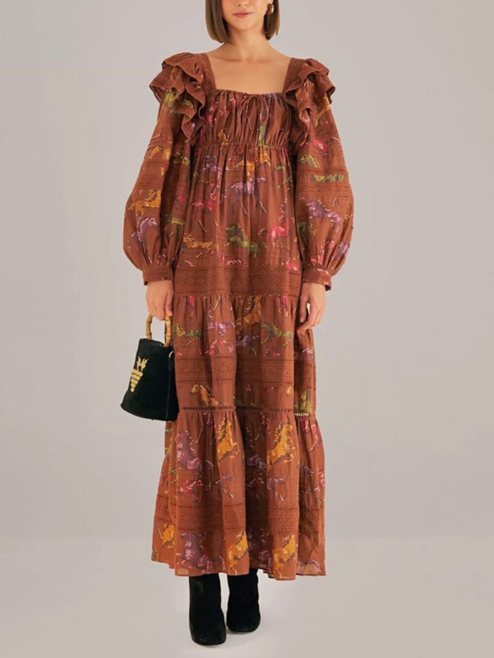 Farm Rio Dotted Horse Tiered Cotton Maxi Dress Size S